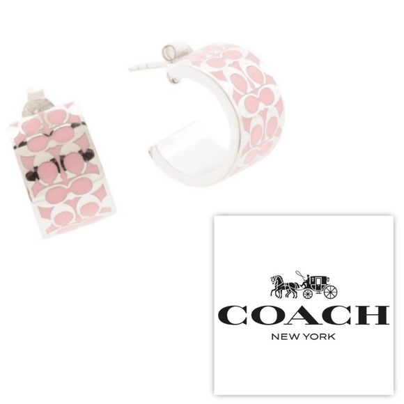 🩷COACH Signature Enamel Huggie Earrings / Silver & Pink - Picture 8 of 8